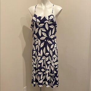 LOFT Navy Dress with White Leaf Print and Ruffle Bodice